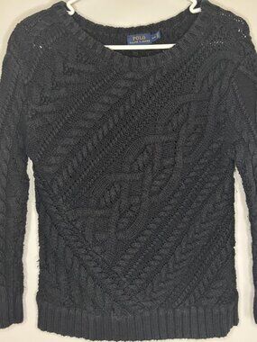 POLO RALPH LAUREN Cable Knit Sweater Womens S Black Knit Long Sleeve Ribbed Hem